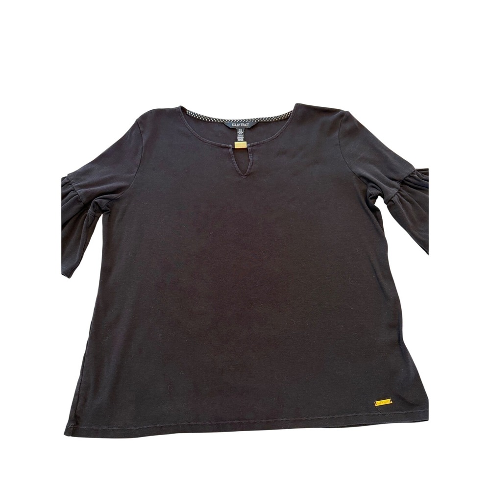 Ellen Tracy Black Cotton Keyhole Neck Ruffle Bell Sleeve Top XL Gold Hardware